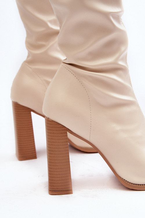 Kozaki Damskie Za Kolano Słupek Ekoskóra Beżowe Orcella 6028