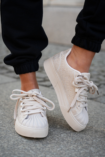 Zdobione Damskie Sneakersy Na Platformie Beżowe Eanneth