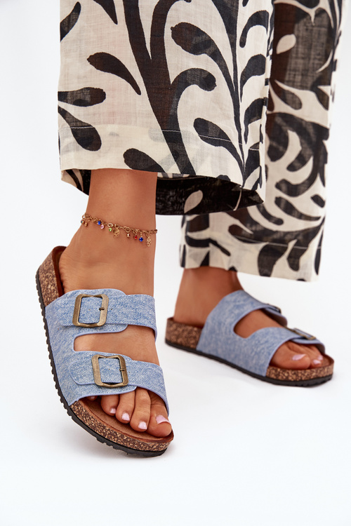 Women's Slippers On Cork Platform With Buckles Light Denim Vesina