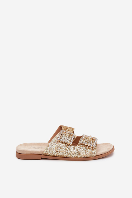 Shiny embellished flip flops with buckles on flat heel gold Tovira