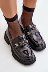 Mokasyny Loafersy Damskie Lakierowane Ozdoba Czarne D&A LZ42-030