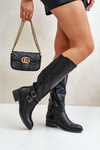 Knee High Women's Boots with Flat Heels and Buckles Black Lotina