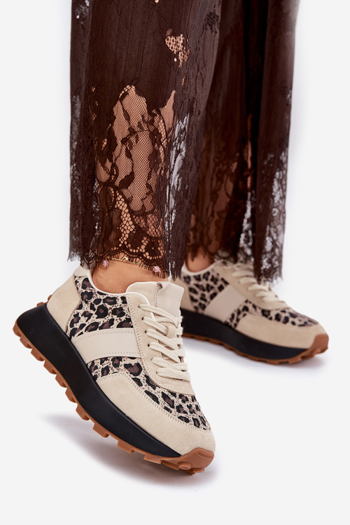 Sneakersy Damskie Zamszowe Platforma Panterka Beżowe Vinceza 66793