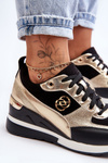 Women's Lace-Up Wedge Sneakers Black And Gold Genova