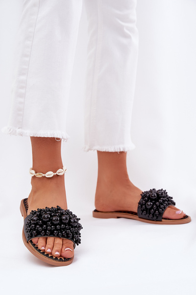 Women's Flat Sandals With Decorative Beads Black Aricca