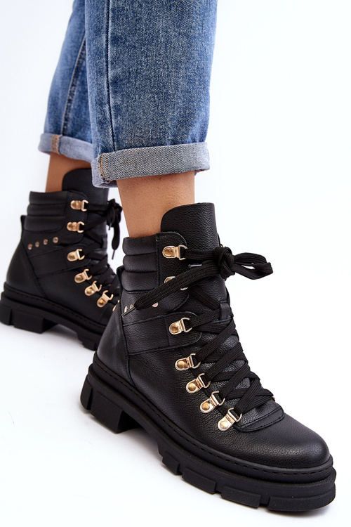 Women's Leather Lace-Up Hiking Boots Zazoo K01 Black