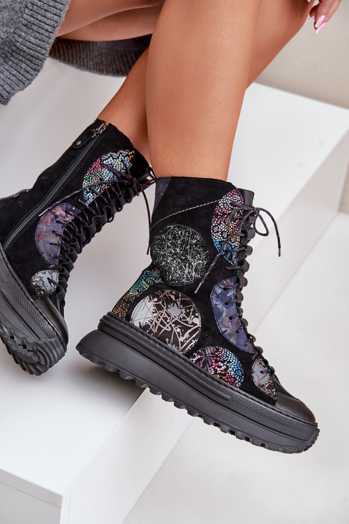 Ocieplane Skórzane Zamszowe Botki Na Platformie Czarne Maciejka 06565-01