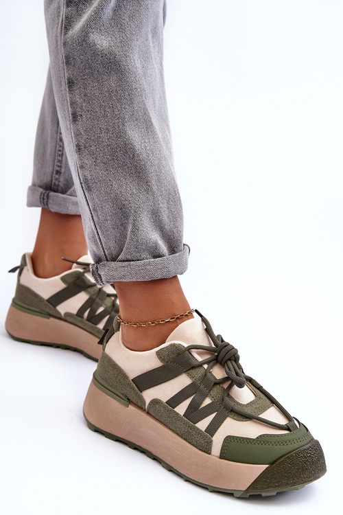 Buty Sportowe Damskie Zamsz Platforma Beżowo-Zielone Rohan BL391