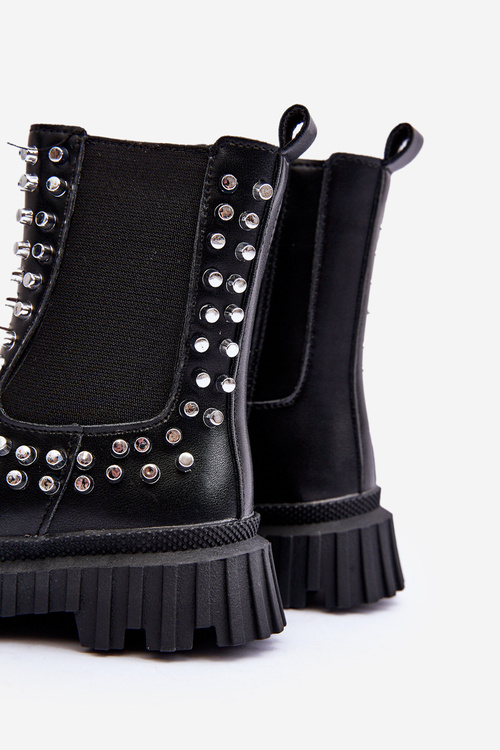 Girls' Heeled Ankle Boots Decorated with Rhinestones Black Adelie
