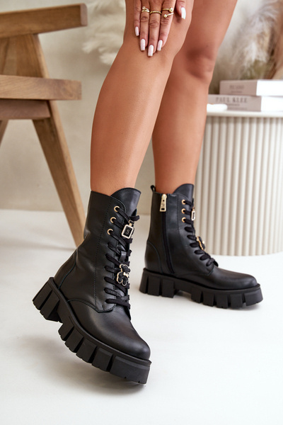 Women's Leather Ankle Boots Workers With Pins Black CheBello 4247