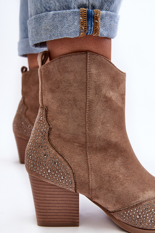 Women's Embellished Cowboy Boots On Heel Beige Eleduana