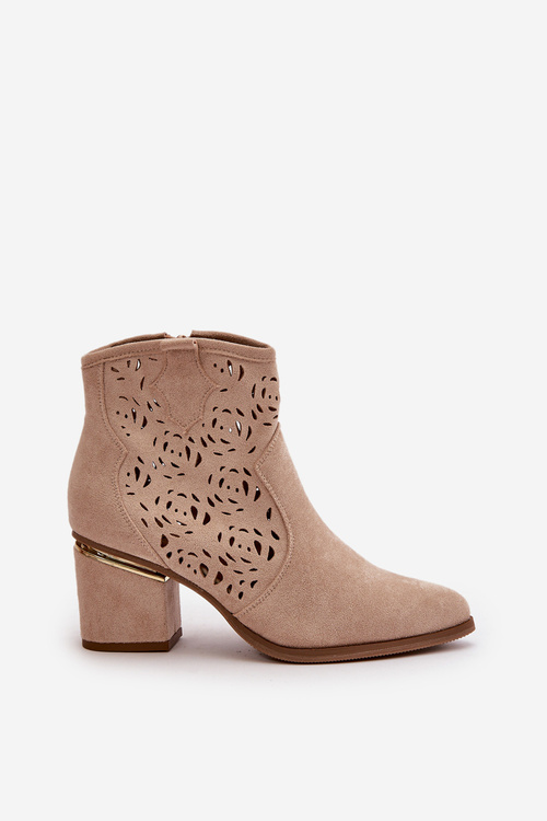Beige Vosilara Cowboy Style Ankle Boots with Zip Fastening and Stacked Heel