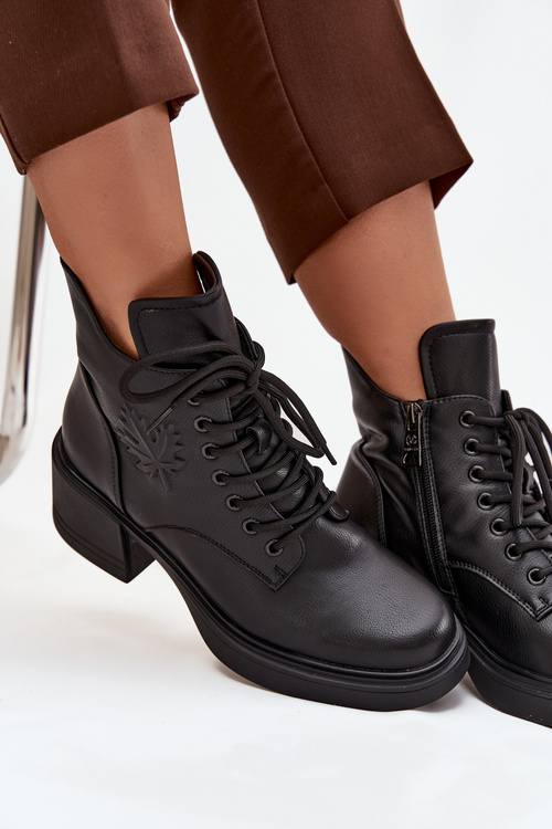 Damskie Botki Skóra Naturalna Ocieplane Obcas Klocek Czarne Vinceza 39950