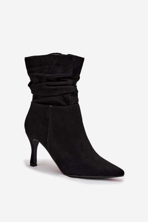 Women's Ankle Boots On Heel With Wrinkled Shaft Eco Suede Zipper Black Ulisse