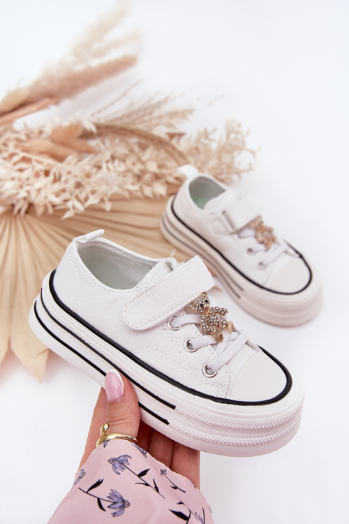 Trampki Dziewczęce Przypinka Miś Rzep Białe Solena