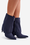 Women's Striped Stiletto Ankle Boots With Rolled Shaft And Pointed Toes Navy Naritua
