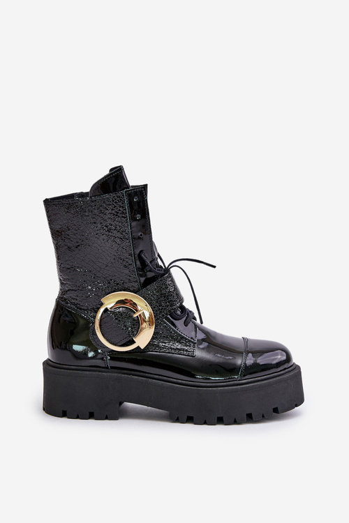 Zazoo 2942 Leather Worker Boots With Gold Buckle Black