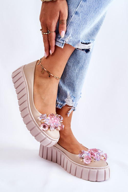 Baleriny Skórzane Platforma Kolorowa Ozdoba Beżowe Ladette