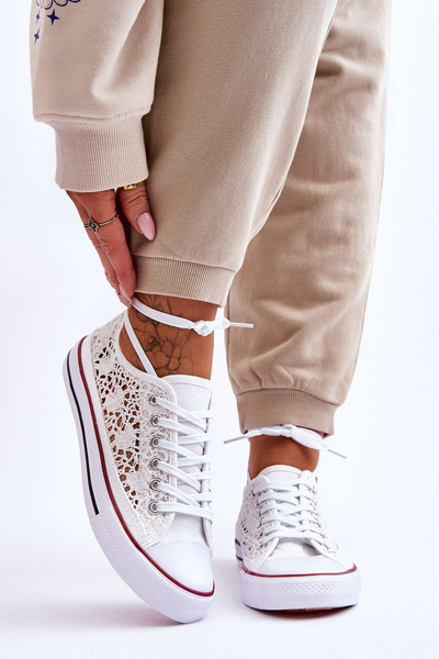 Trampki Damskie Koronka Materiał Białe Fergo