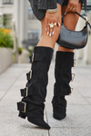 Women's heeled boots with turned-up shaft and gold buckles eco suede black Isavelle