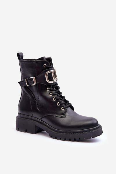 Stylish Lace-up Boots with Ornament Black Ollia