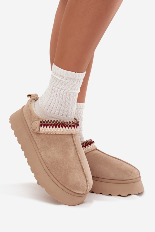 Women's Low Snow Boots With Movable Strap And Embroidery On Platform Light Beige Lyrisse