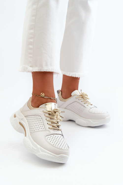 Sneakersy Damskie Skórzane Na Grubej Podeszwie Biało-Złote