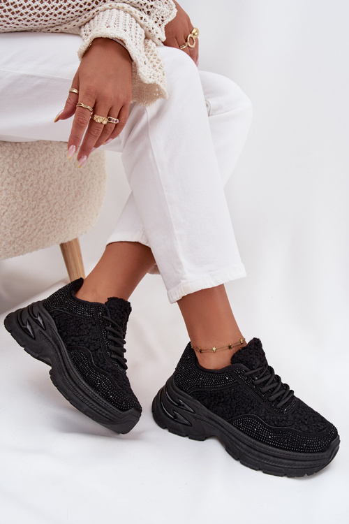 Ladies Sneakers With Rhinestones And Sheepskin Black Zarika