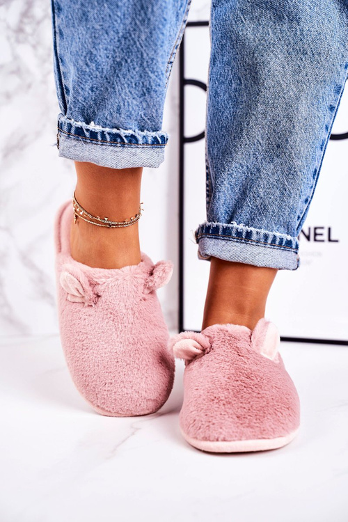 Women's Home Furry Slippers With Little Ears Powder Pink Hippo