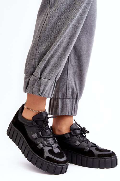 Buty Sportowe Damskie Skóra Platforma Czarne M01/1 Zazoo