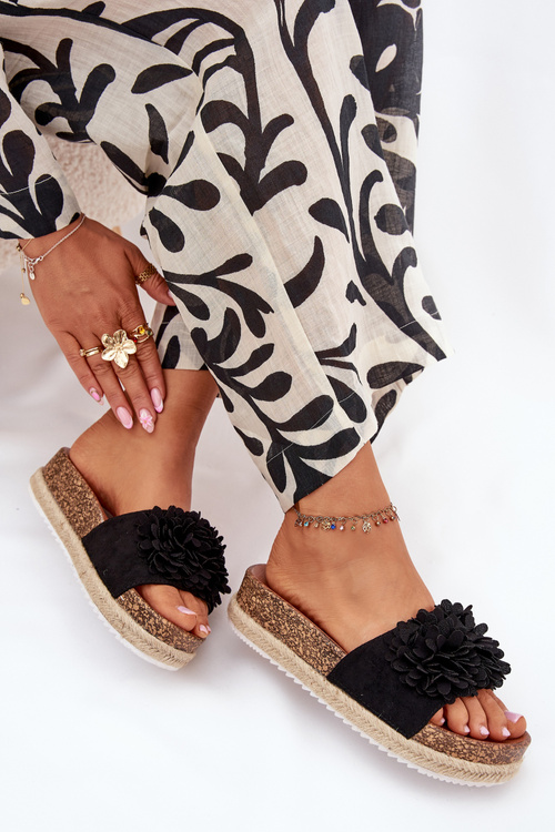 Women's Platform Slippers With Decorative Flowers Black Tessara