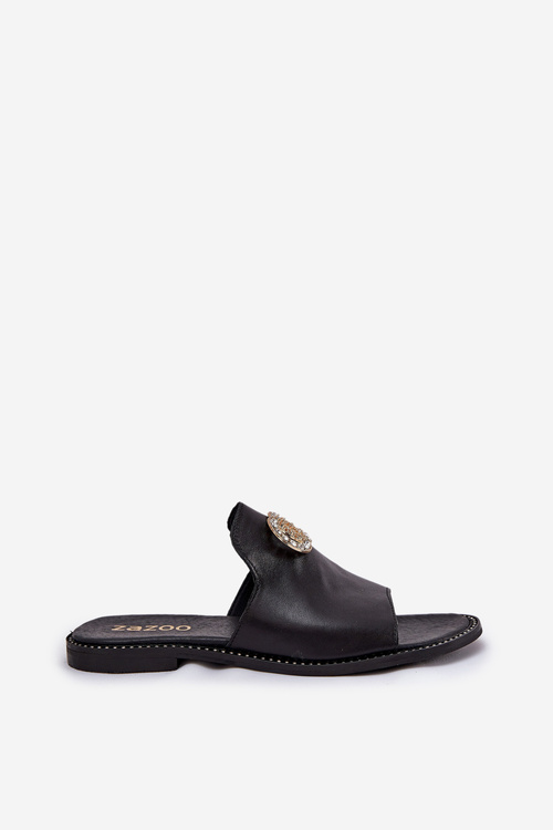 Klapki Skóra Naturalna Płaski Obcas Eleganckie Z Ozdobą Czarne Zazoo 3008