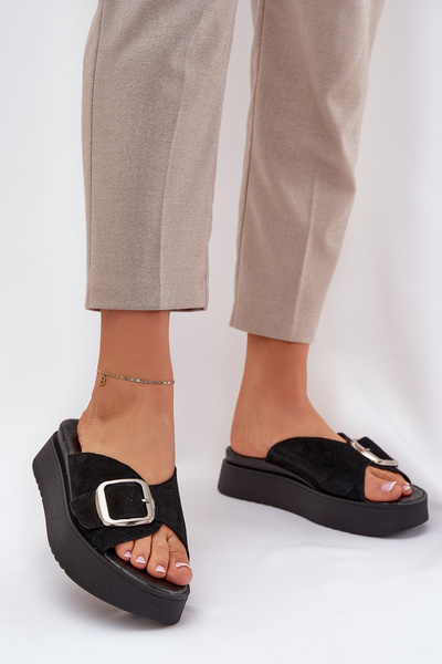 Women's Suede Slides With Buckle On Platform Black Zazoo 3019