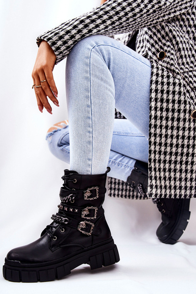 Tiered Boots with Chain Buckle Black Reiloy
