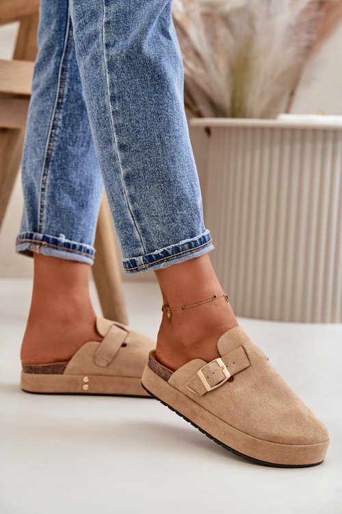 Women's Platform Clogs With Gold Buckle Dark Beige Terilaina