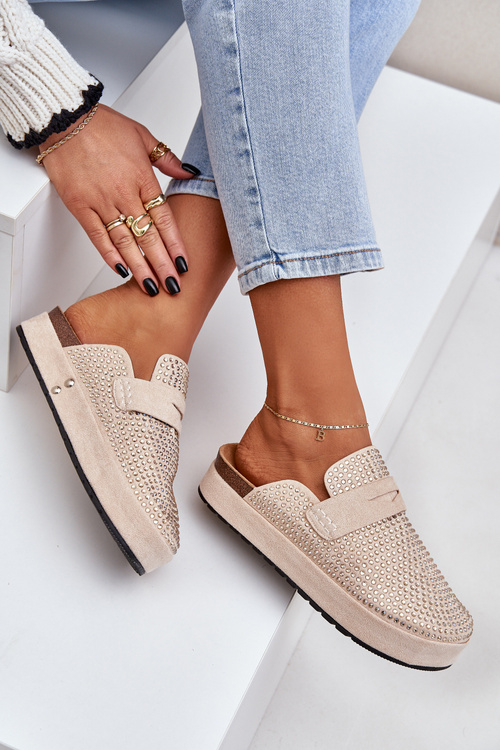 Damskie Klapki Na Platformie Ozdobione Cyrkoniami Beżowe Deorani