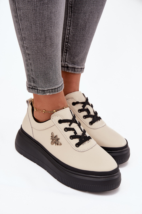 Leather Women's Platform Shoes with Buckle Vinceza 41495 Beige