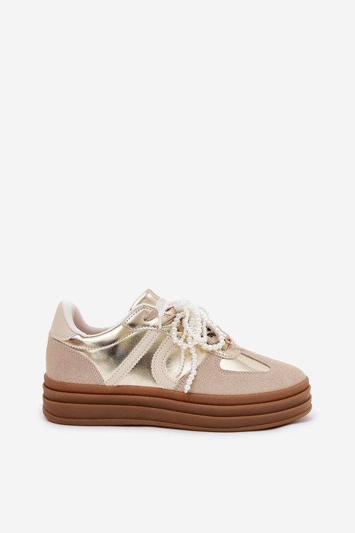 Women's Platform Sneakers With Decorations Beige-Gold Vinness