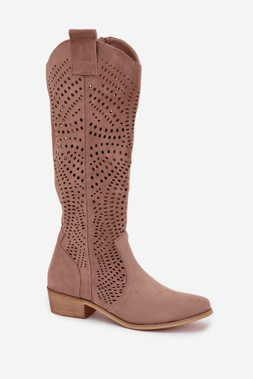 Perforated Women's Knee-high Block Heeled Boots Beige Fioris