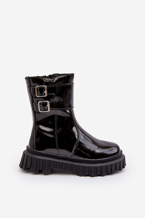 Children's Glossy Boots with Buckles Black Chloraia