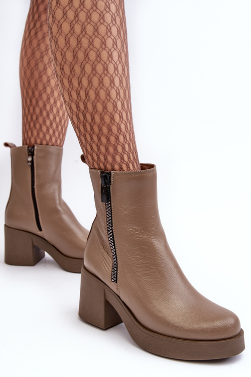 Leather Boots with Massive Heel and Zippers Dark Beige Lemar Littosa