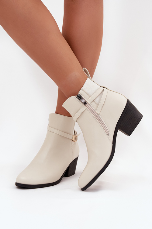 Damskie Botki Na Obcasie Z Paskiem I Złotym Detalem Jasnobeżowe Zelinae