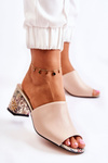 Leather Women's Slippers On High Heel flowers Beige Nessita