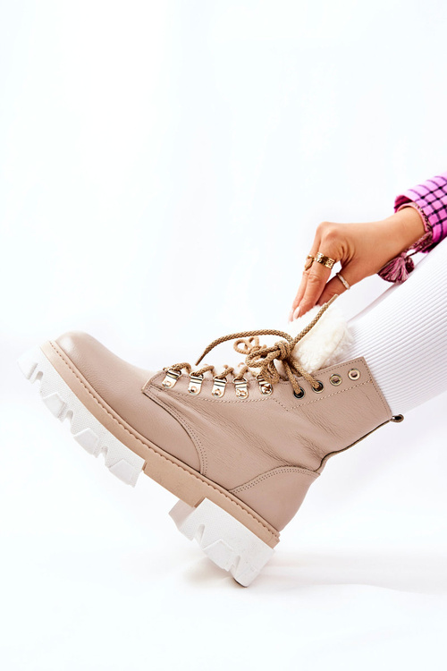 Padded Leather Worker Boots Beige Lecolly