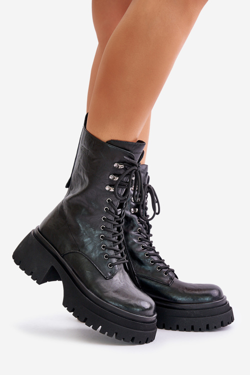 Leather Women's Warm Lined Work Boots GOE OO2N4121 Black