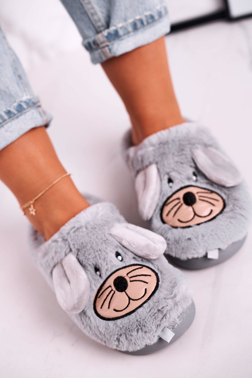 Women's Home Furry Mouse Slippers Grey Home Sweet Home