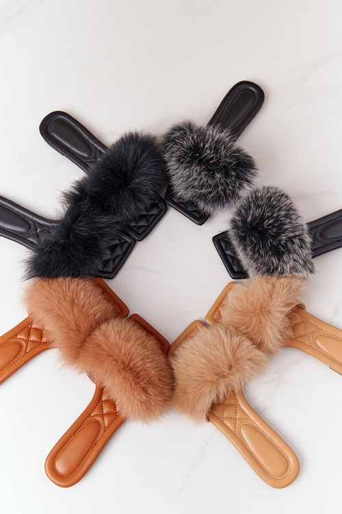 Leather Slippers With Eco Fur Beige Love You So