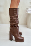 Slip-On Knee-High Boots With Heels And Platform With Gathering Insulated Brown Beridra