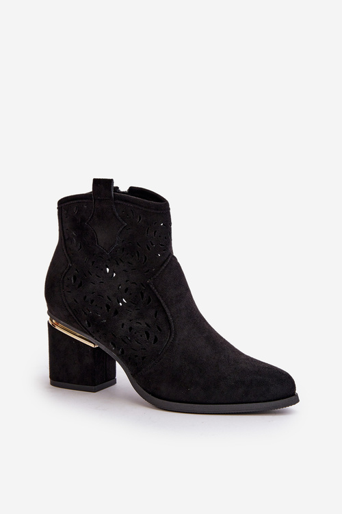 Botki Kowbojki Eko Zamszowe Ażurowe Obcas Słupek Czarne Vosilara