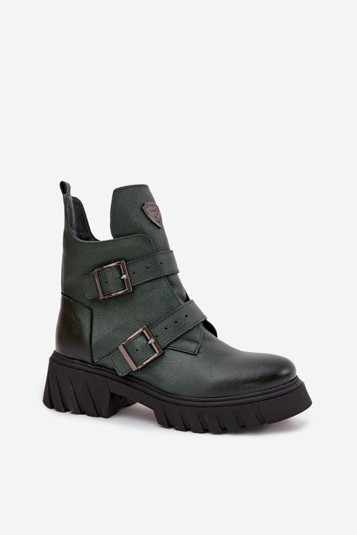 Leather Insulated Women's Boots With Buckles And Decorative Detail Zazoo 60482 Dark Green